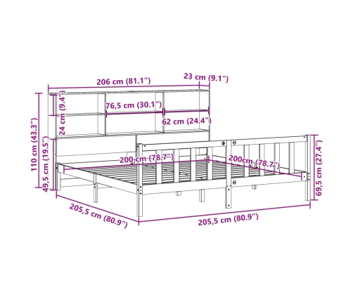 Cama con estantería sin colchón madera maciza de pino 200x200cm