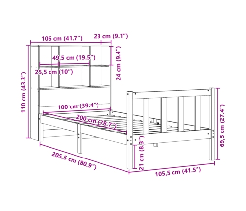 Cama con estantería sin colchón madera maciza marrón 100x200 cm