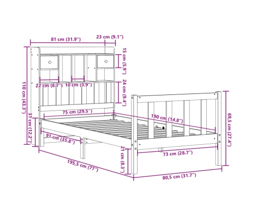 Cama con estantería sin colchón madera maciza de pino 75x190 cm