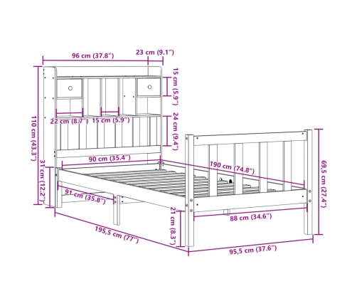 Cama con estantería sin colchón madera maciza de pino 90x190 cm