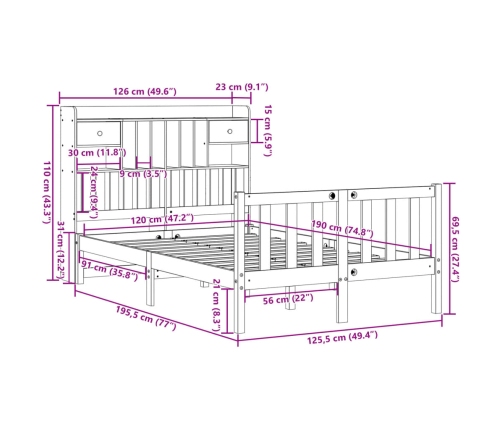 Cama con estantería sin colchón madera maciza de pino 120x190cm