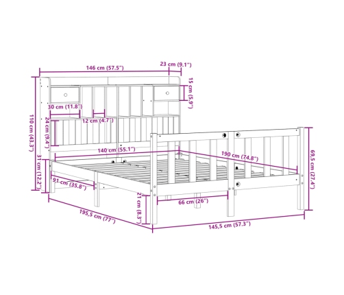 Cama con estantería sin colchón madera maciza blanca 140x190 cm