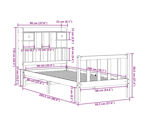 Cama con estantería sin colchón madera maciza de pino 90x200 cm