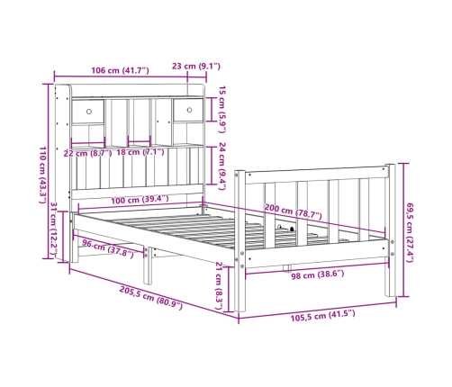 Cama con estantería sin colchón madera maciza de pino 100x200cm