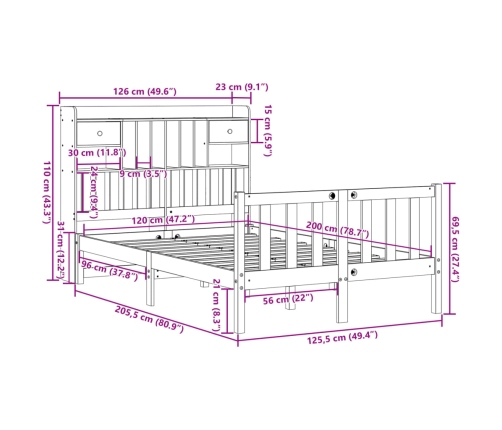 Cama con estantería sin colchón madera maciza de pino 120x200cm