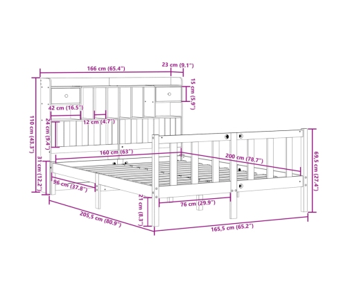 Cama con estantería sin colchón madera maciza de pino 160x200cm