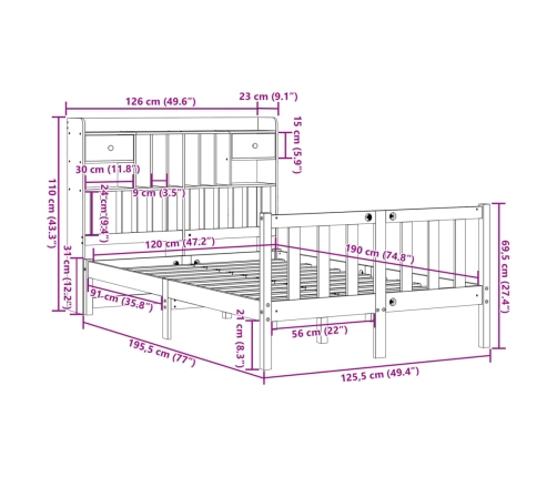 Cama con estantería sin colchón madera maciza marrón 120x190 cm