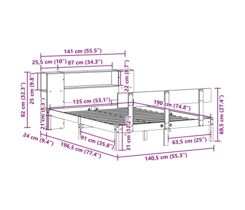 Cama con estantería sin colchón madera maciza blanca 135x190 cm