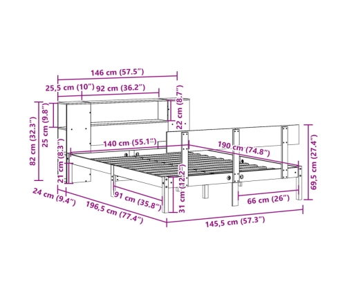 Cama con estantería sin colchón madera maciza de pino 140x190cm