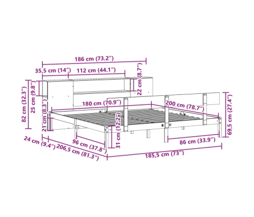 Cama con estantería sin colchón madera maciza de pino 180x200cm