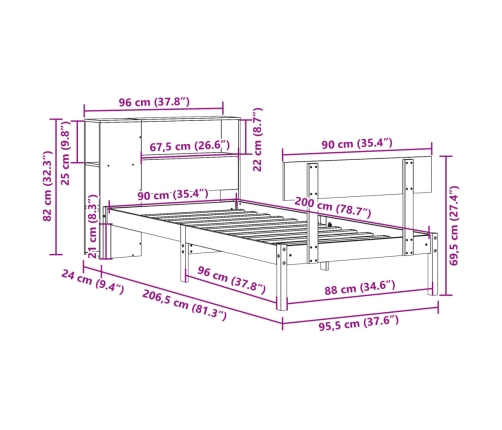Cama con estantería sin colchón madera maciza de pino 90x200 cm