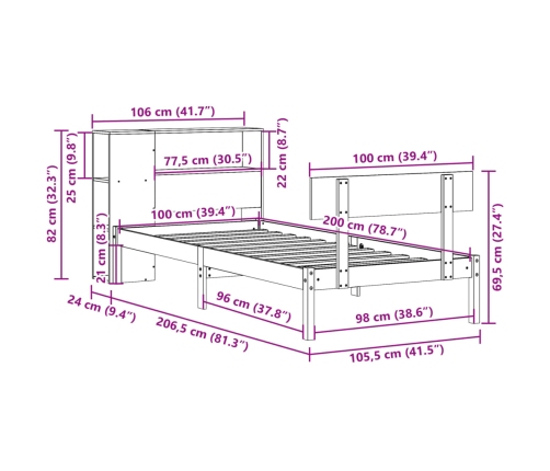 Cama con estantería sin colchón madera maciza de pino 100x200cm