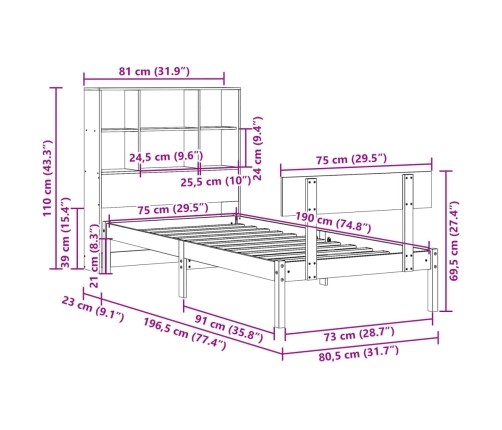 Cama con estantería sin colchón madera maciza de pino 75x190 cm