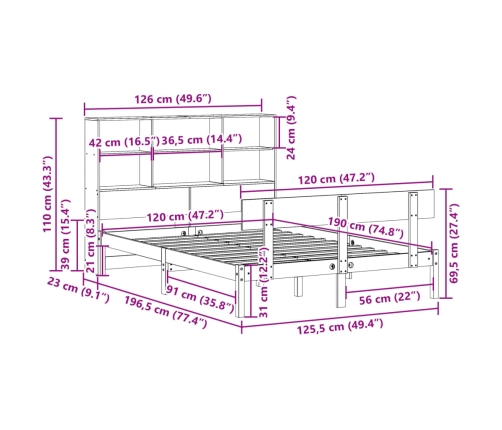 Cama con estantería sin colchón madera maciza de pino 120x190cm