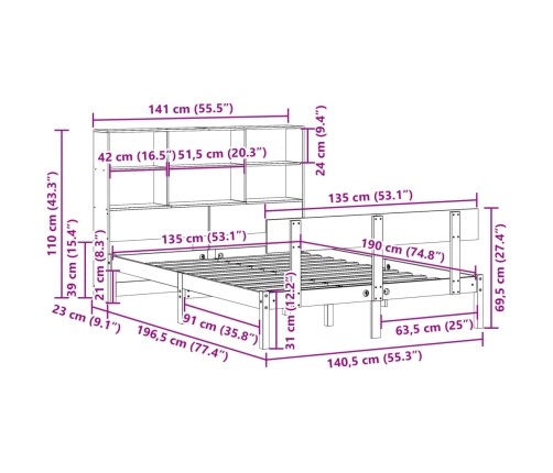 Cama con estantería sin colchón madera maciza de pino 135x190cm