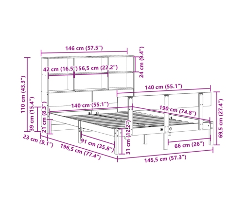 Cama con estantería sin colchón madera maciza de pino 140x190cm