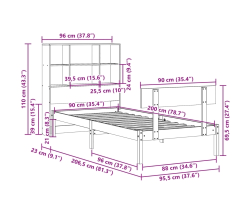 Cama con estantería sin colchón madera maciza de pino 90x200 cm