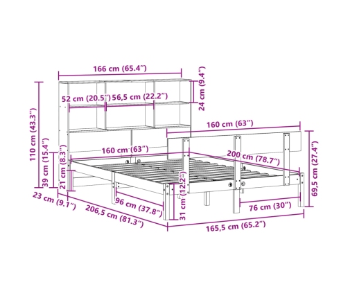 Cama con estantería sin colchón madera maciza de pino 160x200cm