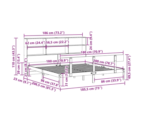 Cama con estantería sin colchón madera maciza de pino 180x200cm