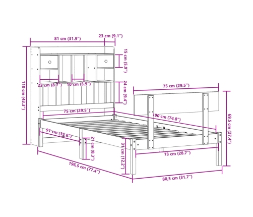 Cama con estantería sin colchón madera maciza de pino 75x190 cm