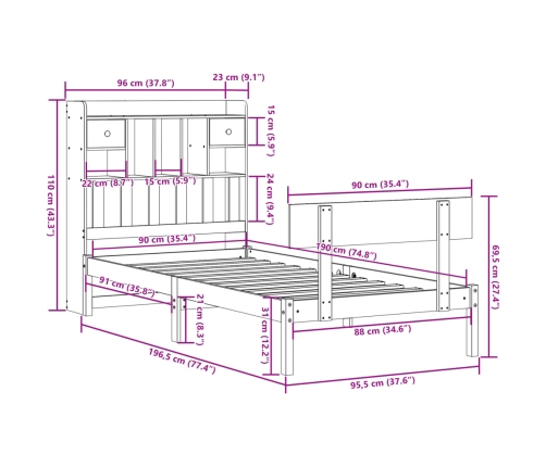 Cama con estantería sin colchón madera maciza de pino 90x190 cm