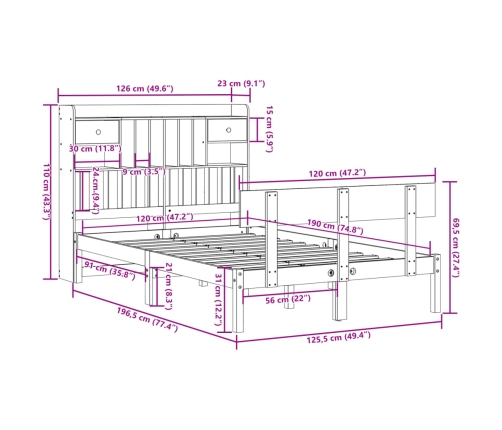 Cama con estantería sin colchón madera maciza blanca 120x190 cm