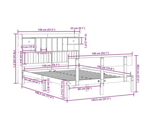 Cama con estantería sin colchón madera maciza de pino 140x190cm