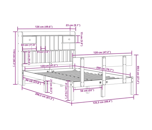 Cama con estantería sin colchón madera maciza blanca 120x200 cm