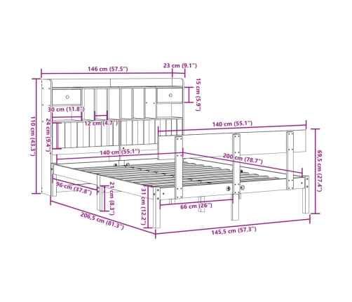 Cama con estantería sin colchón madera maciza blanca 140x200 cm