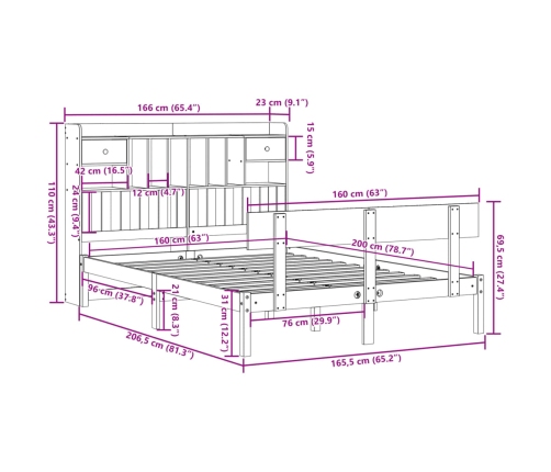 Cama con estantería sin colchón madera maciza blanca 160x200 cm