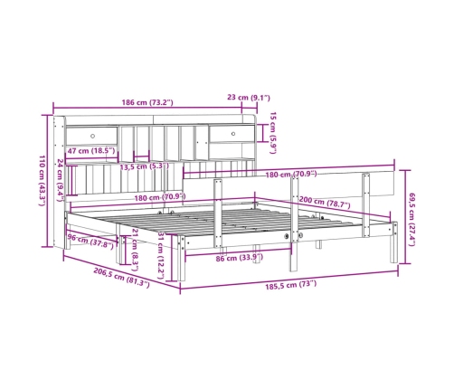 Cama con estantería sin colchón madera maciza de pino 180x200cm