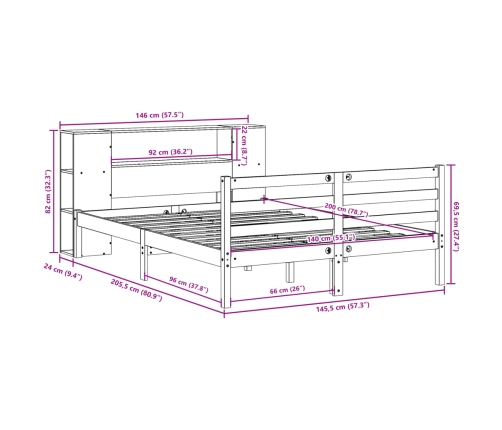 Cama con estantería sin colchón madera maciza blanca 140x200 cm
