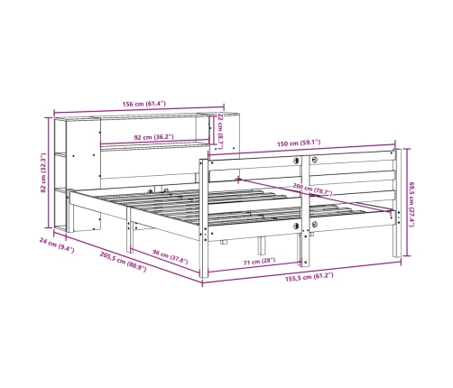 Cama con estantería sin colchón madera maciza de pino 150x200cm