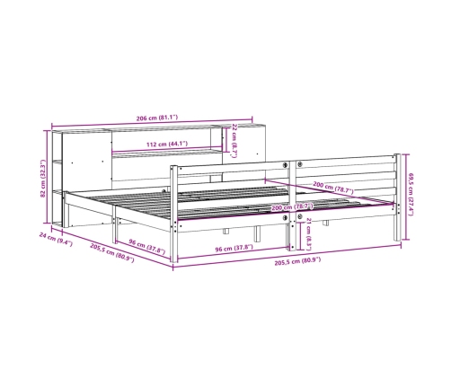 Cama con estantería sin colchón madera maciza marrón 200x200 cm