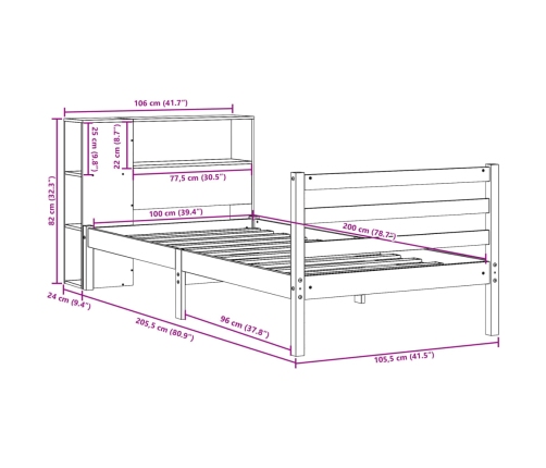 Cama con estantería sin colchón madera maciza de pino 100x200cm