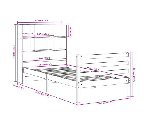 Cama con estantería sin colchón madera maciza de pino 75x190 cm