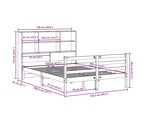 Cama con estantería sin colchón madera maciza de pino 120x190cm