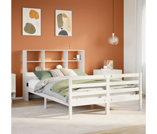 Cama con estantería sin colchón madera maciza blanca 140x200 cm