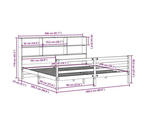 Cama con estantería sin colchón madera maciza de pino 200x200cm