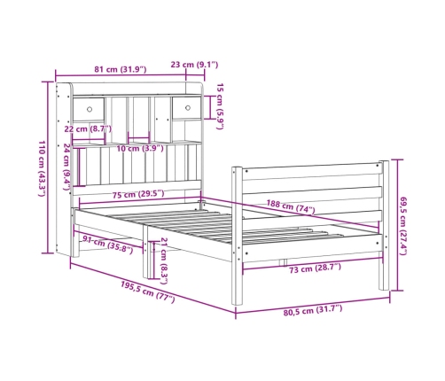 Cama con estantería sin colchón madera maciza blanca 75x190 cm