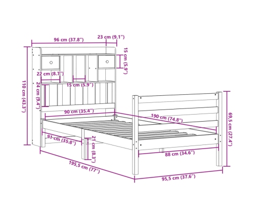 Cama con estantería sin colchón madera maciza de pino 90x190 cm