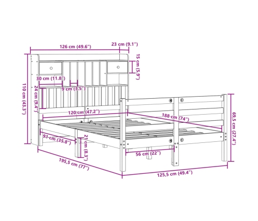 Cama con estantería sin colchón madera maciza de pino 120x190cm