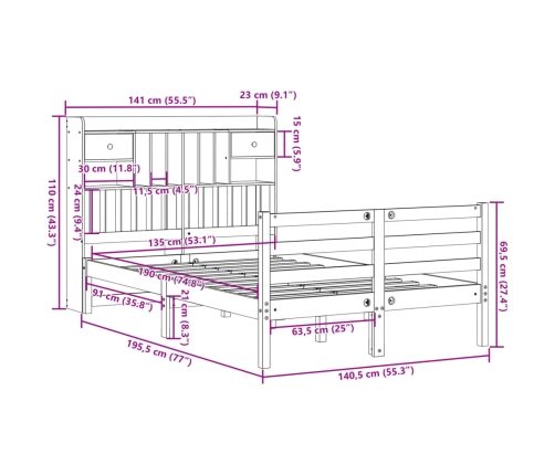 Cama con estantería sin colchón madera maciza de pino 135x190cm