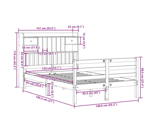 Cama con estantería sin colchón madera maciza blanca 135x190 cm