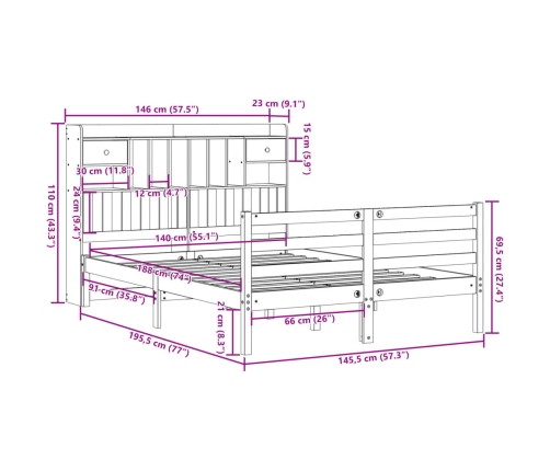 Cama con estantería sin colchón madera maciza blanca 140x190 cm