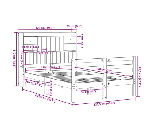 Cama con estantería sin colchón madera maciza de pino 120x200cm