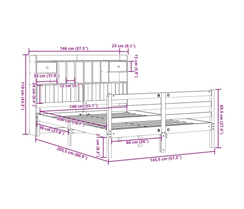 Cama con estantería sin colchón madera maciza de pino 140x200cm