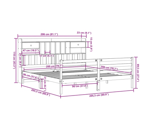 Cama con estantería sin colchón madera maciza blanca 200x200 cm