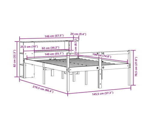 Cama con estantería sin colchón madera maciza blanca 140x190 cm