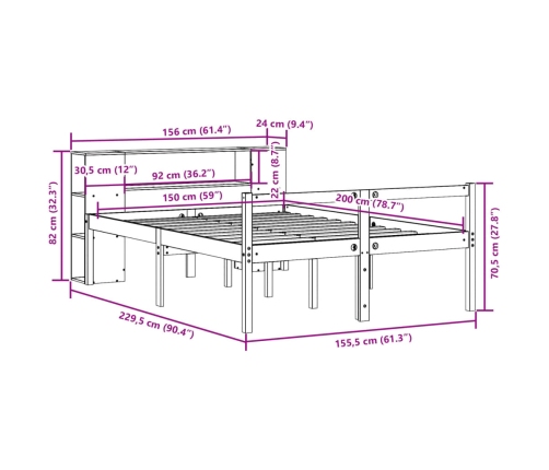 Cama con estantería sin colchón madera maciza blanca 150x200 cm